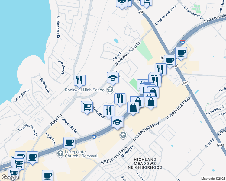map of restaurants, bars, coffee shops, grocery stores, and more near 901 West Yellow Jacket Lane in Rockwall