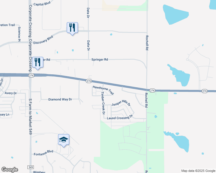 map of restaurants, bars, coffee shops, grocery stores, and more near 3652 Hawthorne Trail in Rockwall
