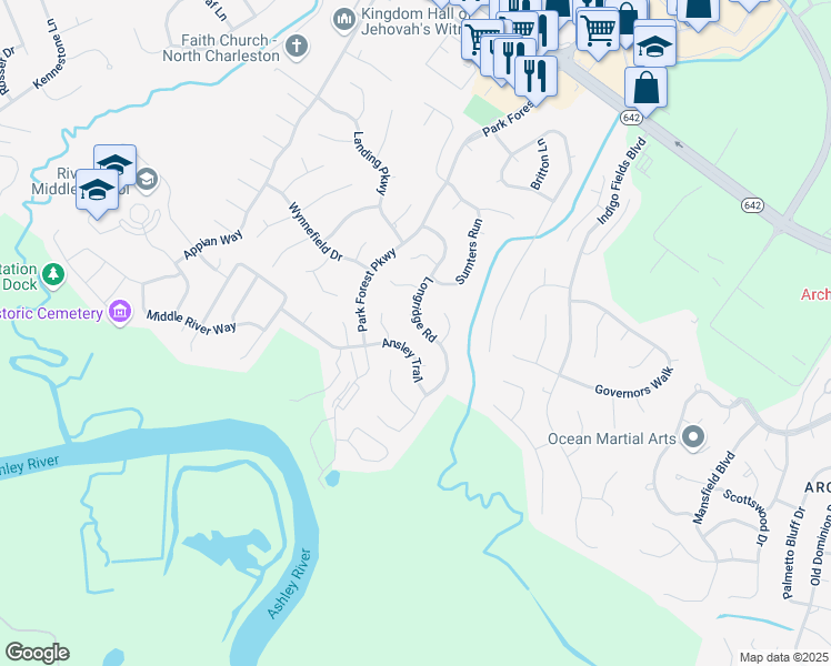 map of restaurants, bars, coffee shops, grocery stores, and more near 8341 Longridge Road in Charleston
