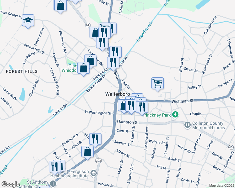 map of restaurants, bars, coffee shops, grocery stores, and more near in Walterboro