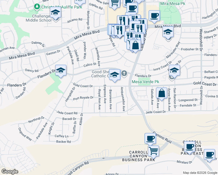 map of restaurants, bars, coffee shops, grocery stores, and more near 10296 Baroness Avenue in San Diego