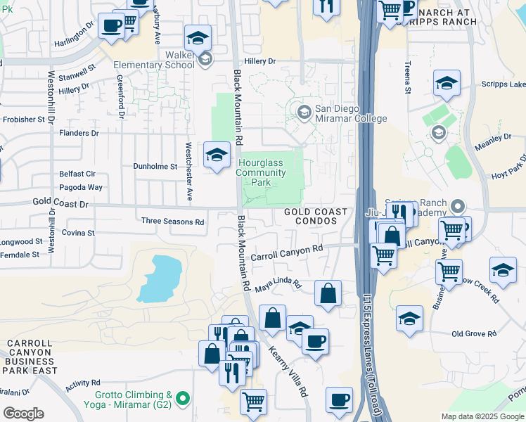 map of restaurants, bars, coffee shops, grocery stores, and more near 9423 Gold Coast Drive in San Diego