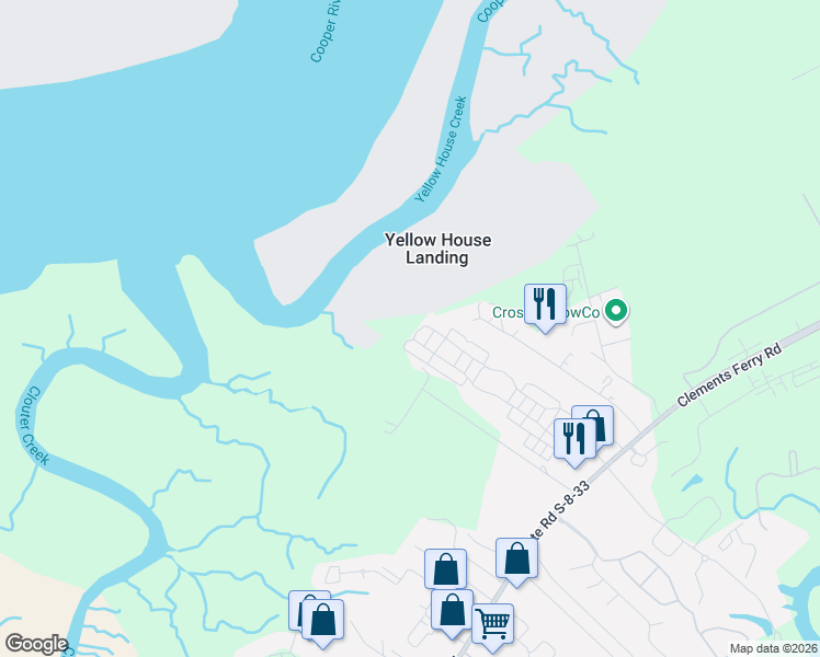 map of restaurants, bars, coffee shops, grocery stores, and more near 108 Blue Crab Lane in Charleston