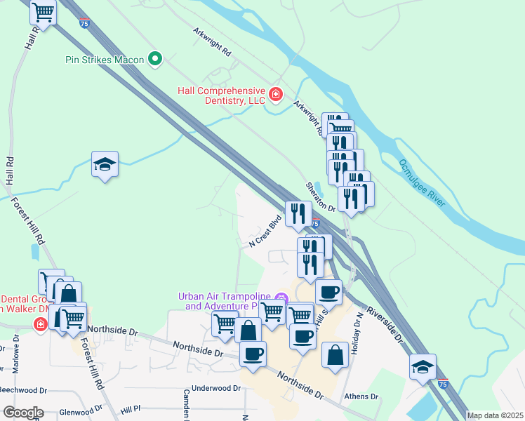 map of restaurants, bars, coffee shops, grocery stores, and more near 4040 Riverside Drive in Macon