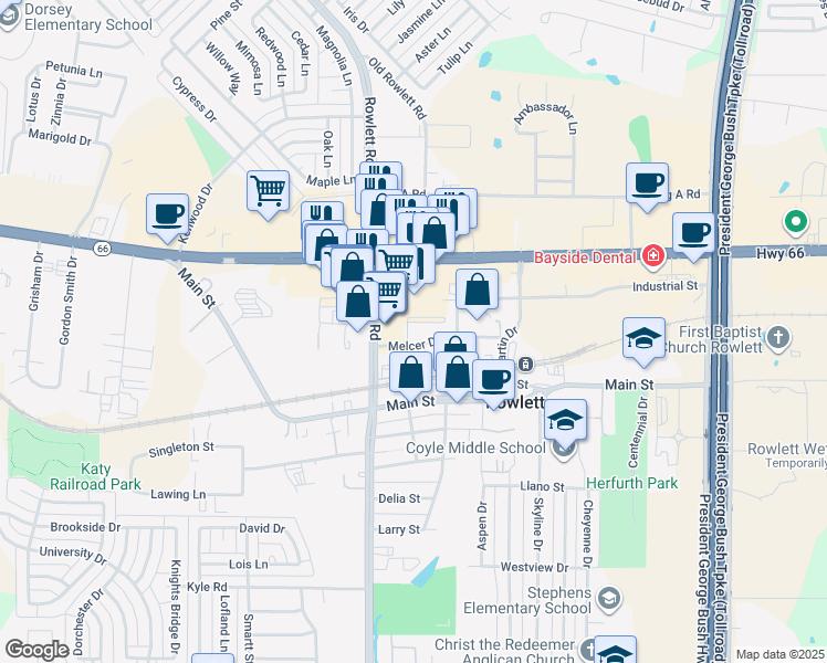 map of restaurants, bars, coffee shops, grocery stores, and more near 3601 Melcer Drive in Rowlett