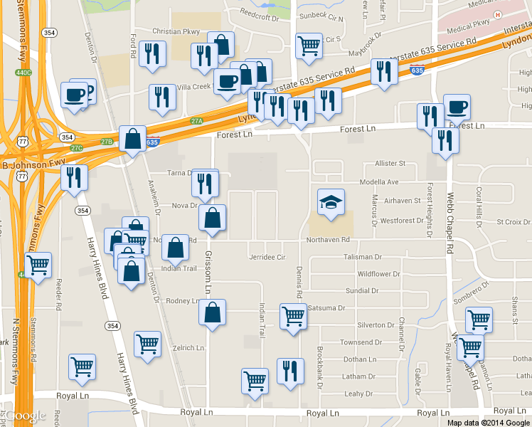 map of restaurants, bars, coffee shops, grocery stores, and more near 2775 Northaven Road in Dallas