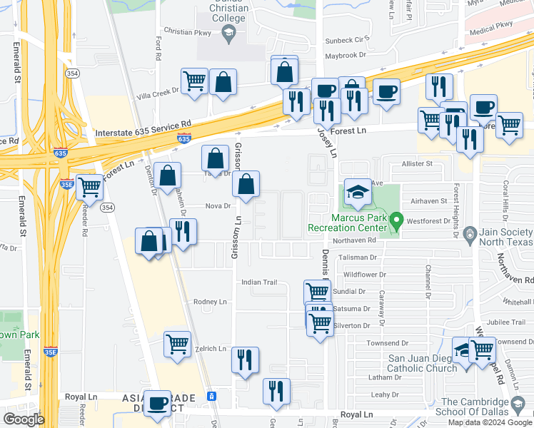 map of restaurants, bars, coffee shops, grocery stores, and more near 2749 Northaven Road in Dallas
