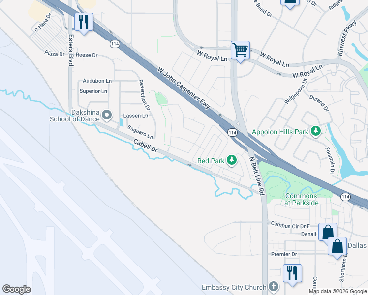 map of restaurants, bars, coffee shops, grocery stores, and more near 3806 Gunnison Drive in Irving