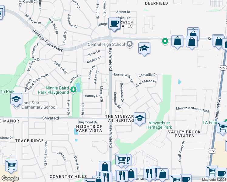 map of restaurants, bars, coffee shops, grocery stores, and more near 9121 Saratoga Road in Fort Worth