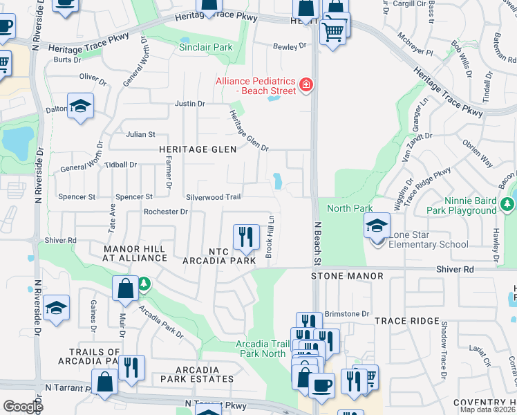 map of restaurants, bars, coffee shops, grocery stores, and more near 4324 Silverwood Trail in Fort Worth
