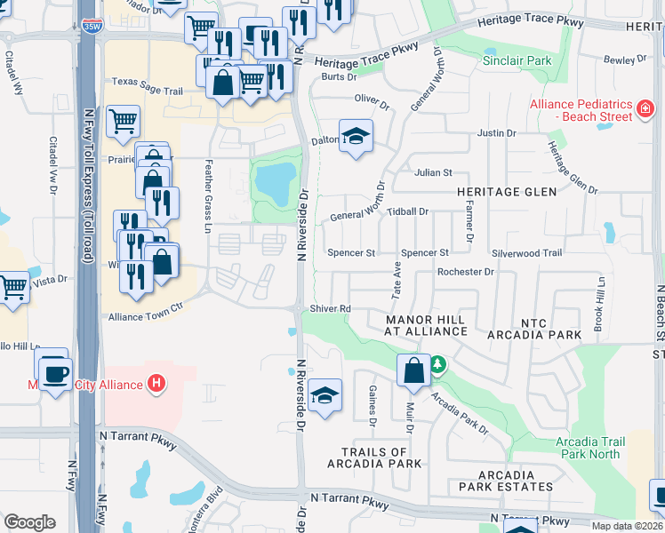 map of restaurants, bars, coffee shops, grocery stores, and more near 3624 Spencer Street in Fort Worth
