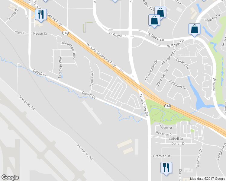 map of restaurants, bars, coffee shops, grocery stores, and more near 7120 Isle Royale Lane in Irving