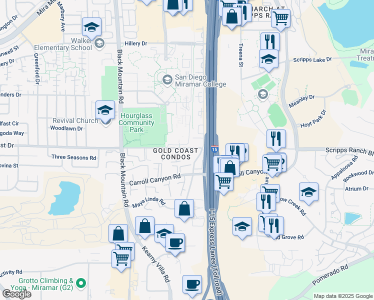 map of restaurants, bars, coffee shops, grocery stores, and more near 33 Gold Coast Drive in San Diego