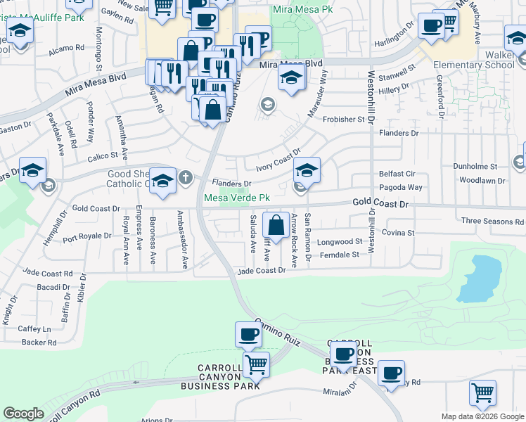 map of restaurants, bars, coffee shops, grocery stores, and more near 10294 Drumcliff Avenue in San Diego