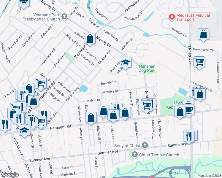 map of restaurants, bars, coffee shops, grocery stores, and more near 5829 Beverly Drive in Hanahan