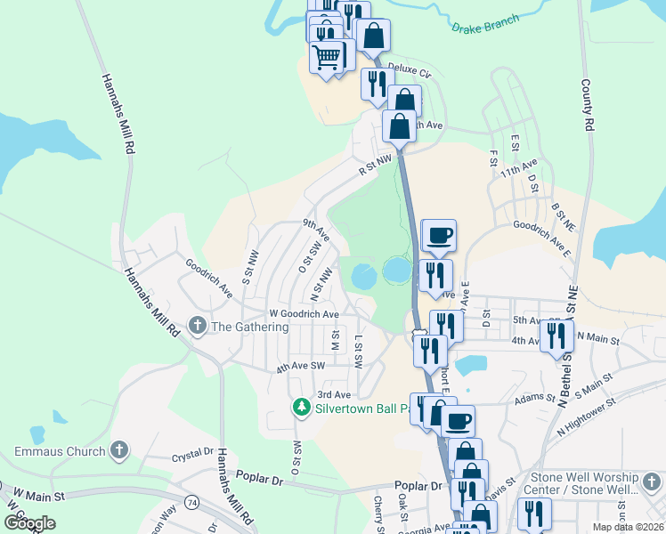 map of restaurants, bars, coffee shops, grocery stores, and more near 148 N Street Northwest in Thomaston