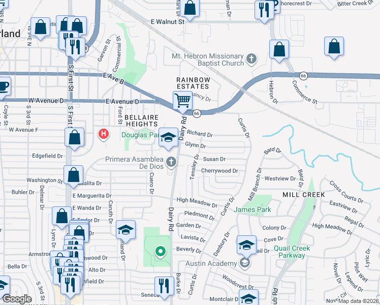 map of restaurants, bars, coffee shops, grocery stores, and more near 910 Glynn Drive in Garland