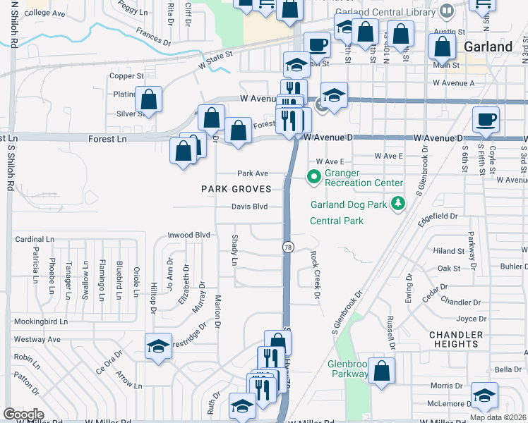 map of restaurants, bars, coffee shops, grocery stores, and more near 1409 Davis Boulevard in Garland