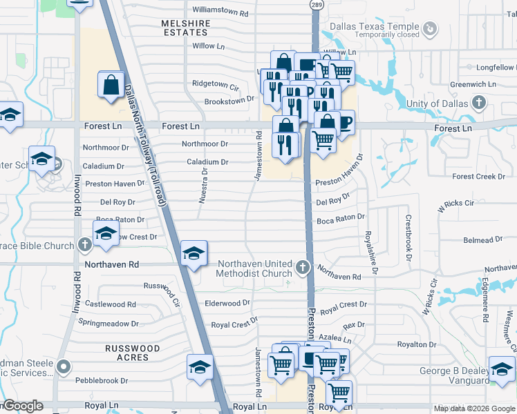 map of restaurants, bars, coffee shops, grocery stores, and more near 5819 Del Roy Drive in Dallas