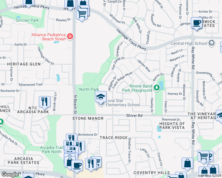 map of restaurants, bars, coffee shops, grocery stores, and more near 9012 Wiggins Drive in Fort Worth
