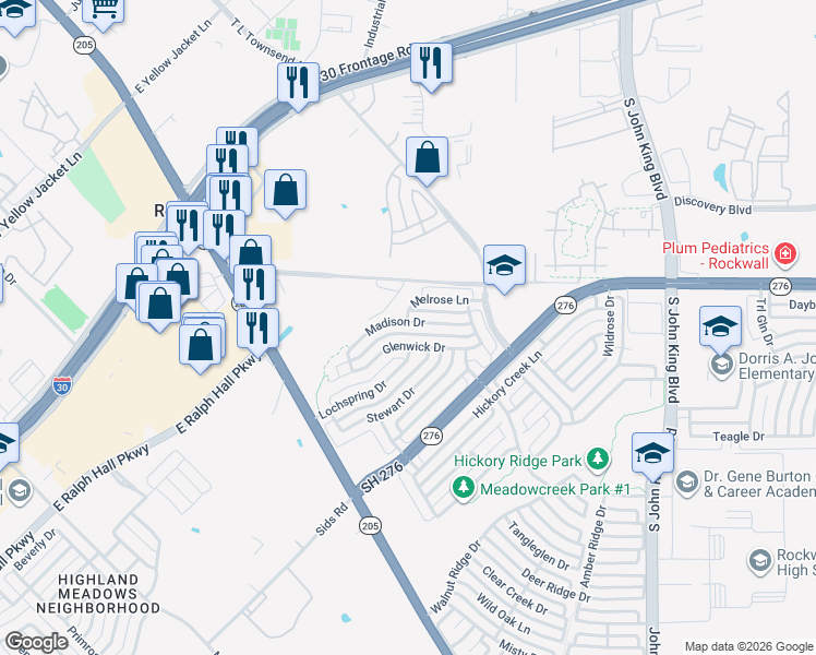map of restaurants, bars, coffee shops, grocery stores, and more near 1485 Madison Drive in Rockwall