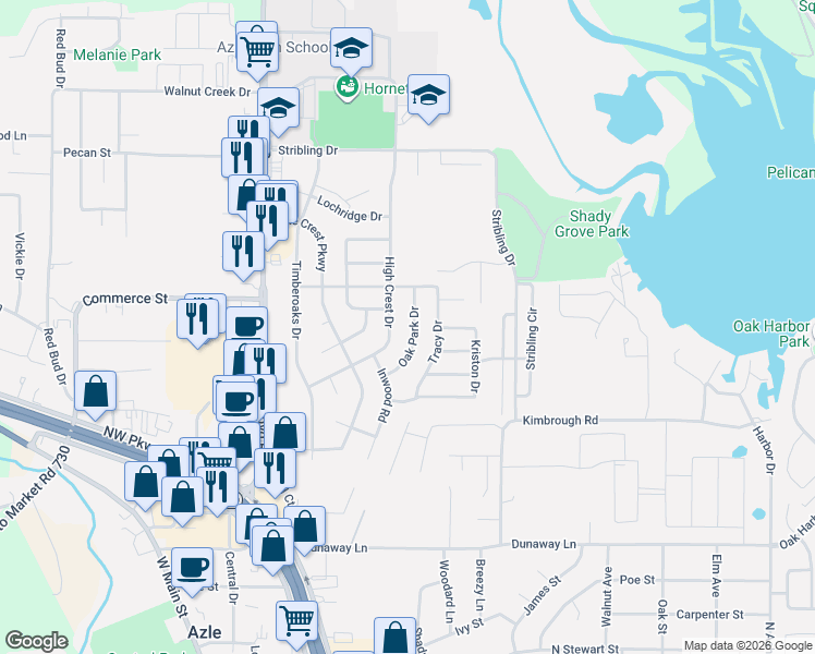 map of restaurants, bars, coffee shops, grocery stores, and more near 748 Oak Park Drive in Azle