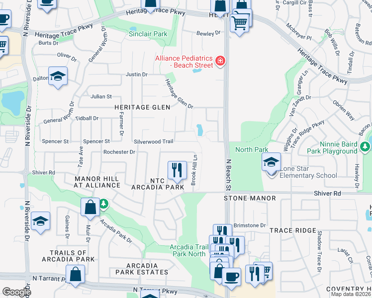 map of restaurants, bars, coffee shops, grocery stores, and more near 4324 Silverwood Trail in Fort Worth