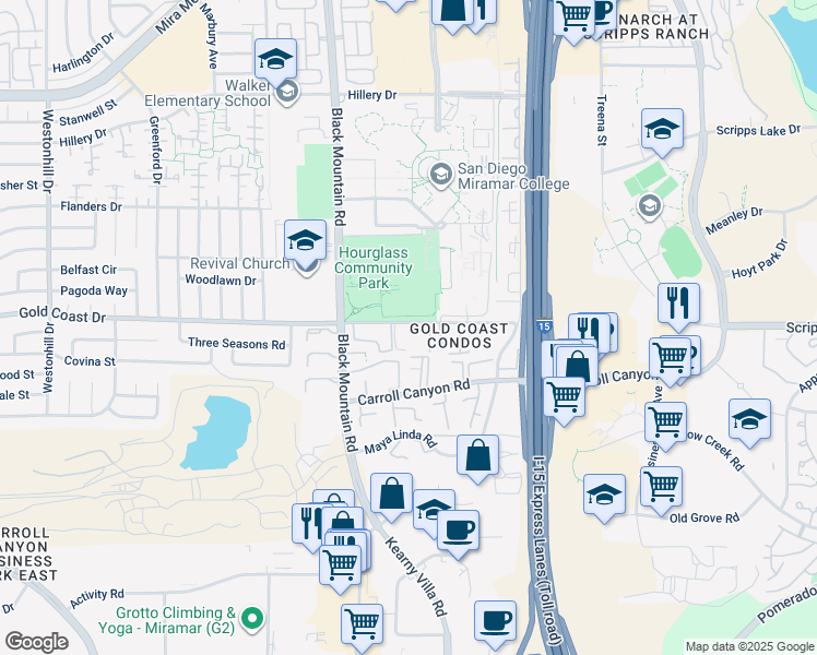 map of restaurants, bars, coffee shops, grocery stores, and more near 141 Gold Coast Drive in San Diego