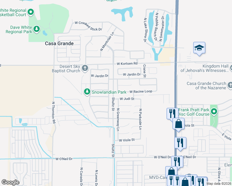 map of restaurants, bars, coffee shops, grocery stores, and more near 650 West Racine Loop in Casa Grande