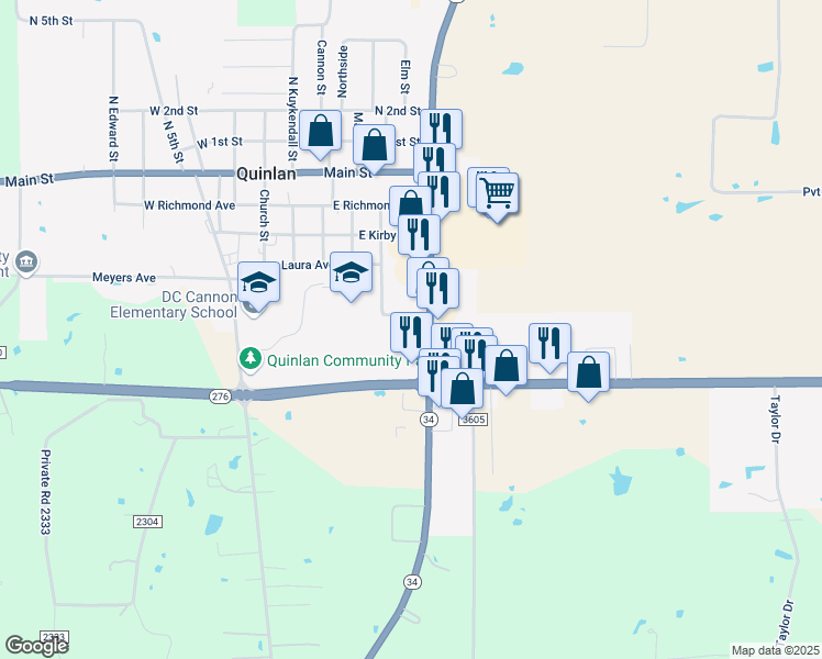 map of restaurants, bars, coffee shops, grocery stores, and more near 8906 Texas 34 in Quinlan