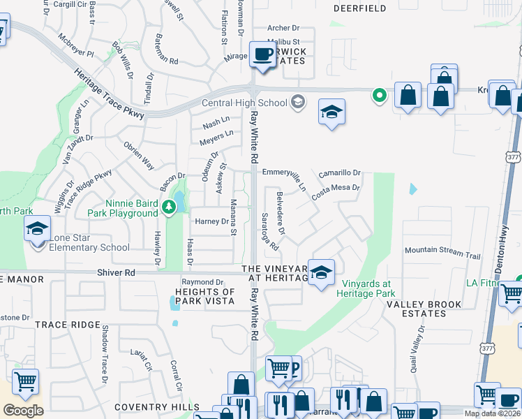 map of restaurants, bars, coffee shops, grocery stores, and more near 9121 Saratoga Road in Fort Worth
