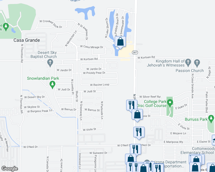 map of restaurants, bars, coffee shops, grocery stores, and more near 575 West Racine Loop in Casa Grande