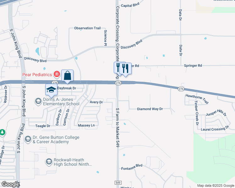 map of restaurants, bars, coffee shops, grocery stores, and more near 2716 Farm to Market Road 549 in Rockwall