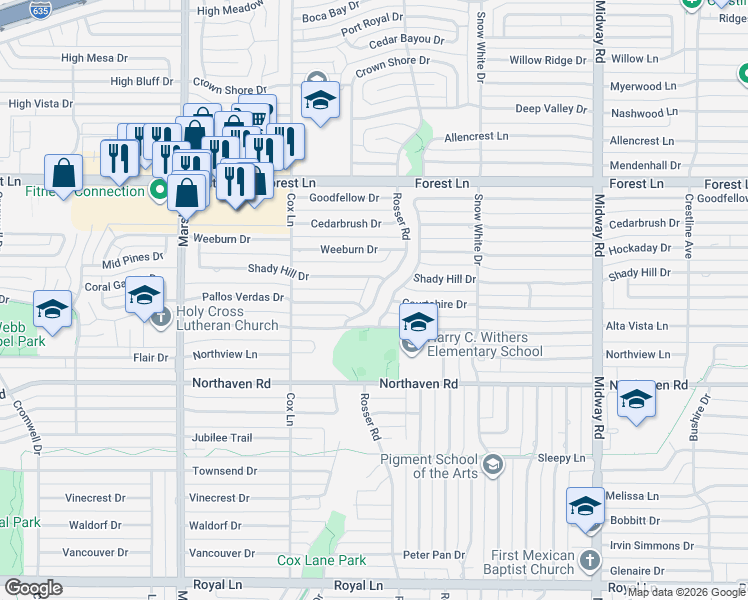map of restaurants, bars, coffee shops, grocery stores, and more near 11423 Rosser Road in Dallas