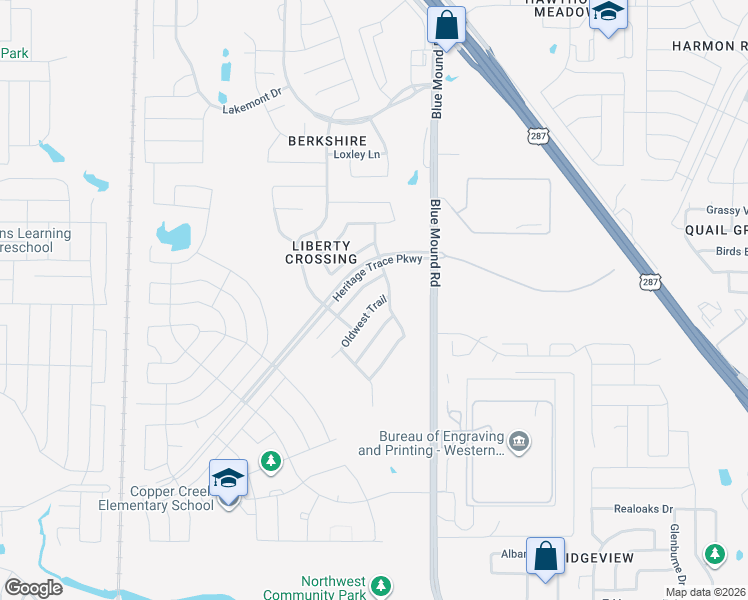 map of restaurants, bars, coffee shops, grocery stores, and more near 9233 Oldwest trail in Fort Worth
