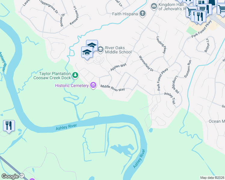 map of restaurants, bars, coffee shops, grocery stores, and more near 8467 Middle River Way in North Charleston