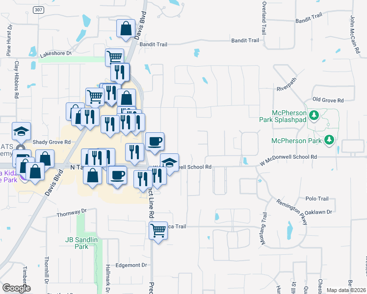 map of restaurants, bars, coffee shops, grocery stores, and more near 6613 Herbert Road in Colleyville