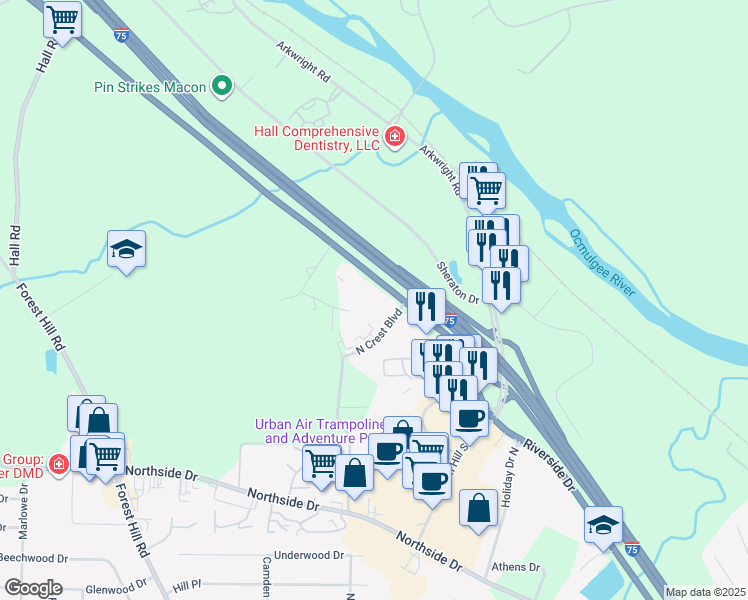 map of restaurants, bars, coffee shops, grocery stores, and more near 3980 Riverside Drive in Macon