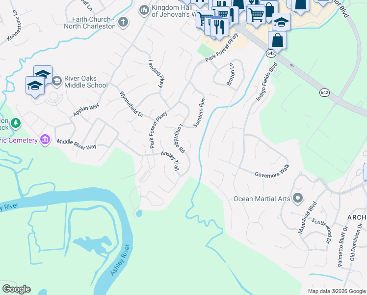 map of restaurants, bars, coffee shops, grocery stores, and more near 5427 Blufton Court in Charleston
