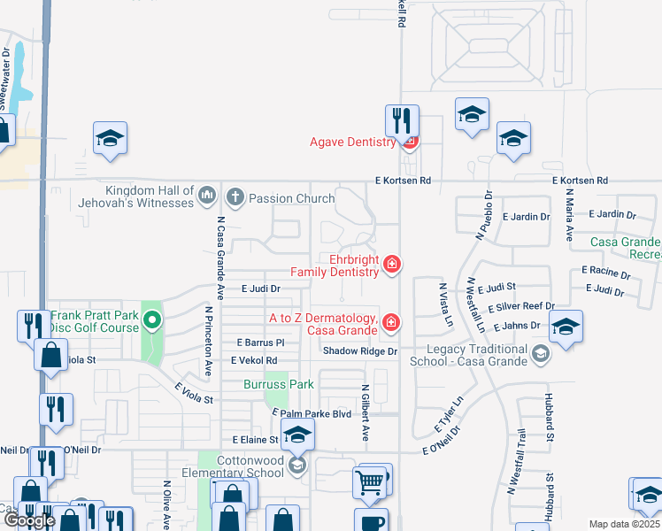 map of restaurants, bars, coffee shops, grocery stores, and more near 1918 North Avenue De Palmas in Casa Grande