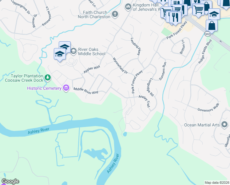 map of restaurants, bars, coffee shops, grocery stores, and more near 8437 Taylor Plantation Road in North Charleston