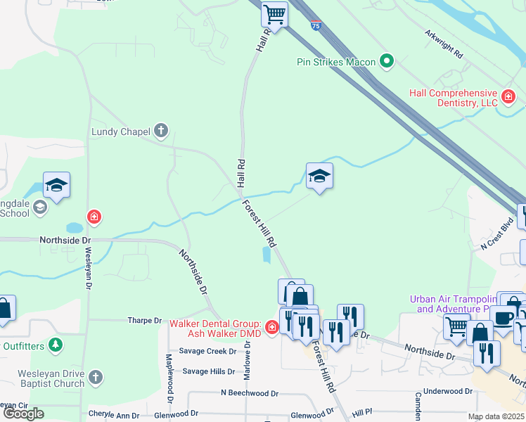 map of restaurants, bars, coffee shops, grocery stores, and more near 1837 Forest Hill Road in Macon