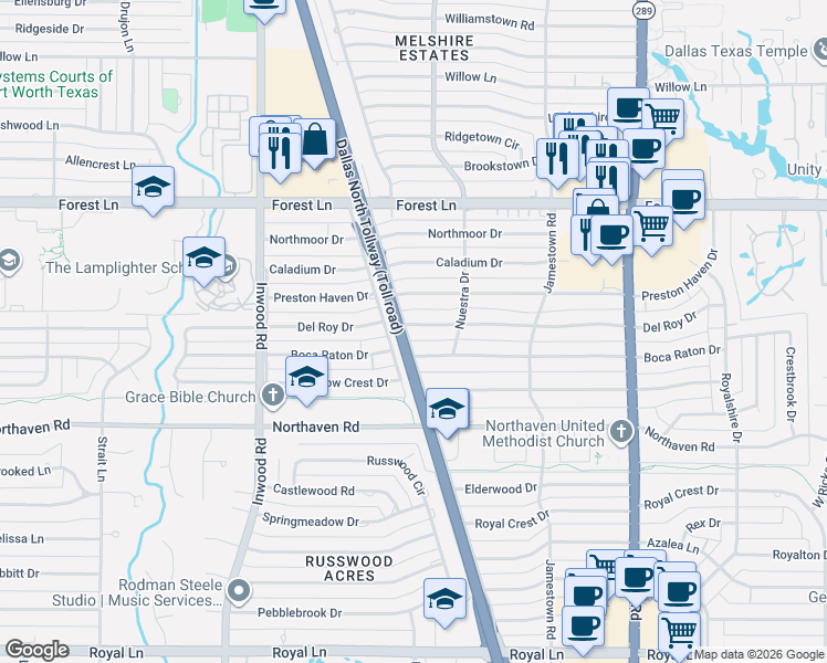 map of restaurants, bars, coffee shops, grocery stores, and more near 5507 Del Roy Drive in Dallas