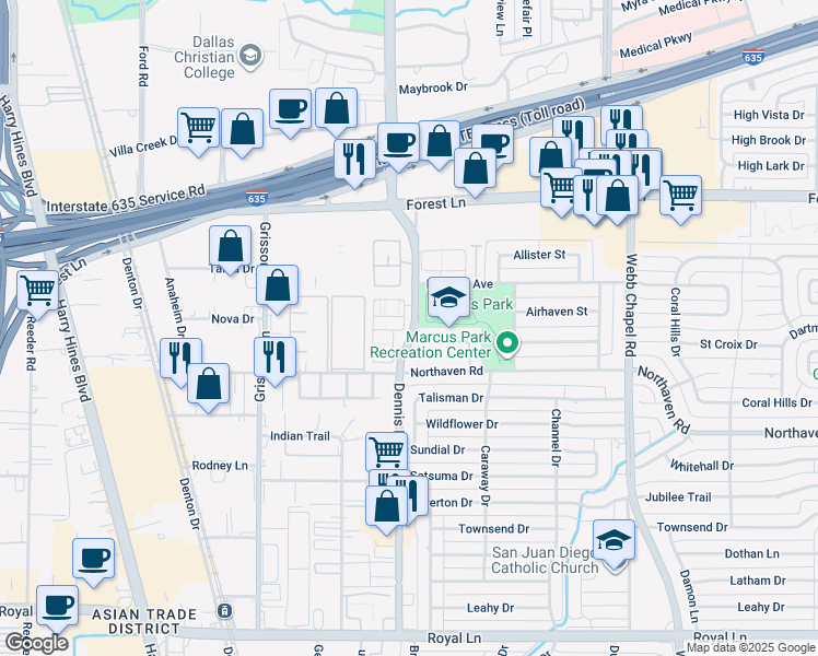 map of restaurants, bars, coffee shops, grocery stores, and more near 11467 Dennis Road in Dallas