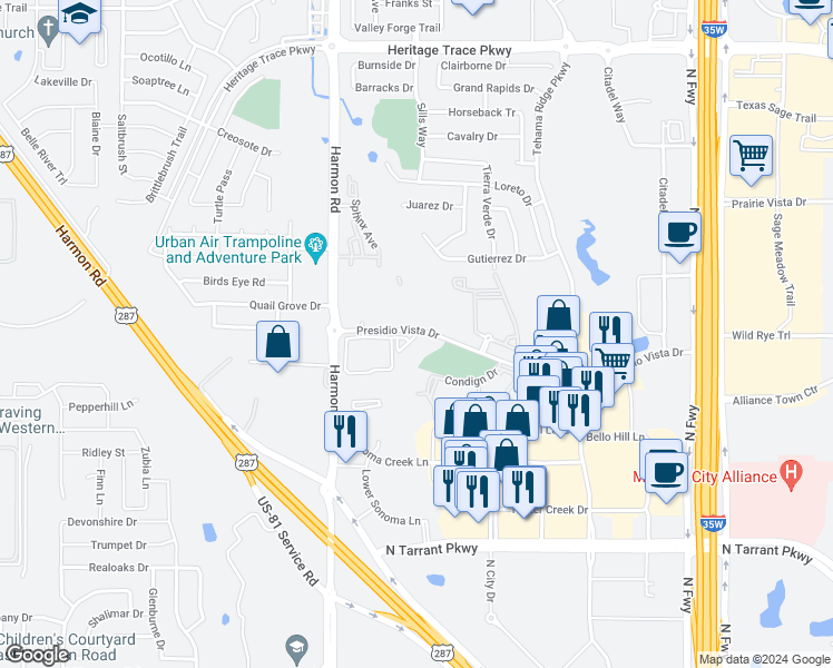 map of restaurants, bars, coffee shops, grocery stores, and more near 2028 Presidio Vista Drive in Fort Worth