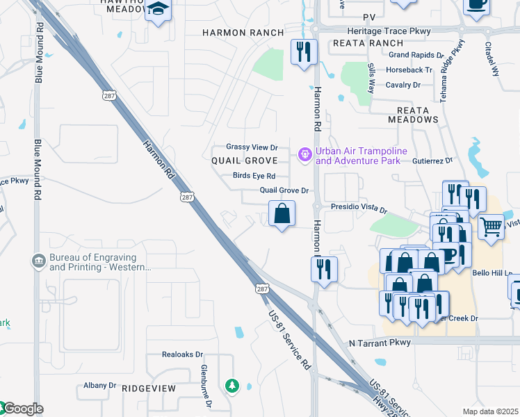 map of restaurants, bars, coffee shops, grocery stores, and more near 1624 Quail Springs Circle in Fort Worth