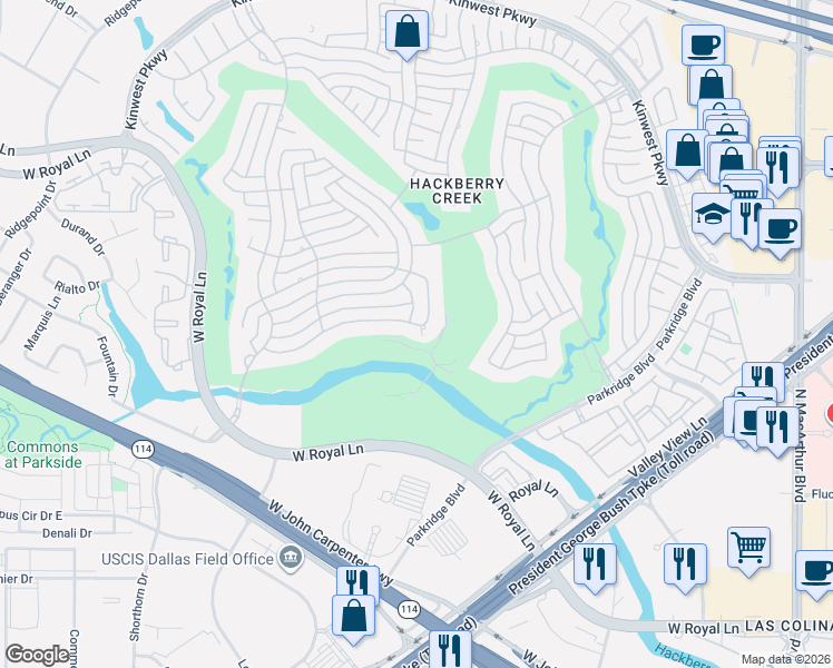 map of restaurants, bars, coffee shops, grocery stores, and more near 2144 Creekside Circle North in Irving