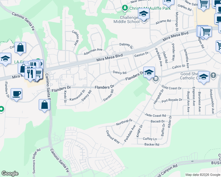 map of restaurants, bars, coffee shops, grocery stores, and more near 10394 Darden Road in San Diego