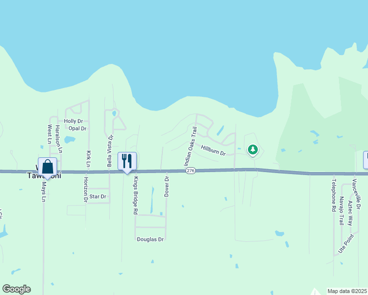 map of restaurants, bars, coffee shops, grocery stores, and more near 205 Indian Oaks Trail in West Tawakoni