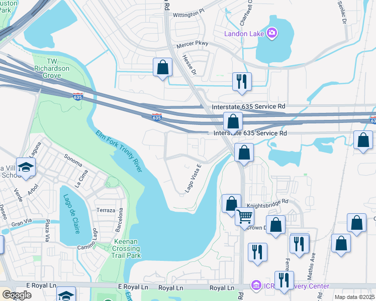 map of restaurants, bars, coffee shops, grocery stores, and more near 1561 Mira Lago Boulevard in Farmers Branch